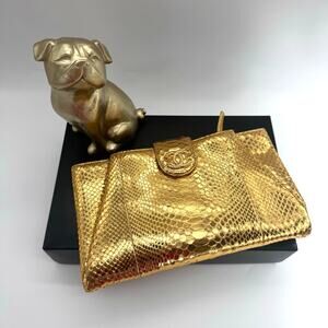 Chanel‎ Gold Metallic Python Clutch Series 19 2014 Full Set Glam